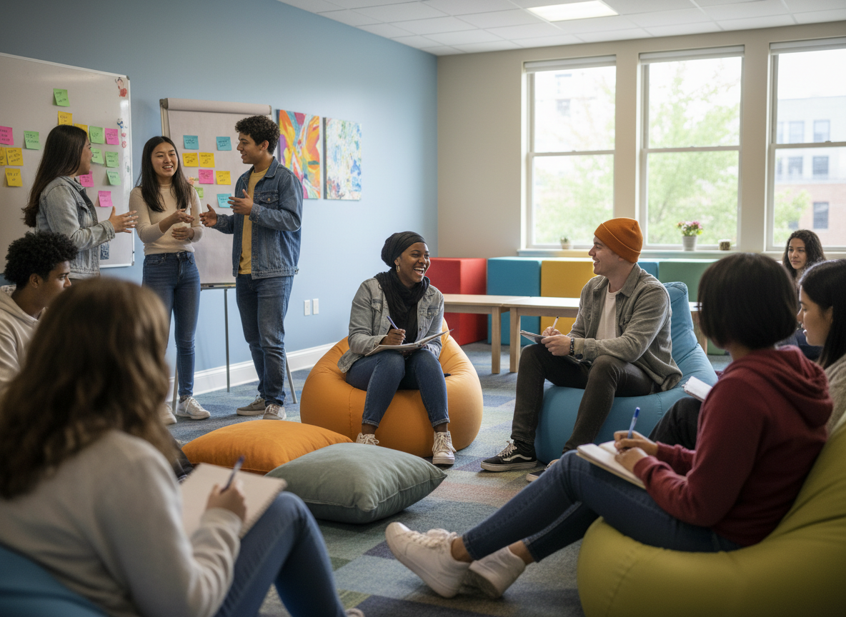 Realistic photograph of a racially diverse group of teenagers and young adults ages 15 to 21 in a resilience workshop setting. The group includes Black, Latino, Asian, white, and multiracial youth. They are seated and standing together in a bright, welcoming community room with large windows and natural light. Some are talking and laughing, some are writing in notebooks, others are engaged in a group activity. Casual modern clothing. Natural, genuine expressions of connection, focus, and engagement. Warm and energetic atmosphere. Documentary style. No corporate poses, no classroom lecture setup, no sadness or distress imagery.
