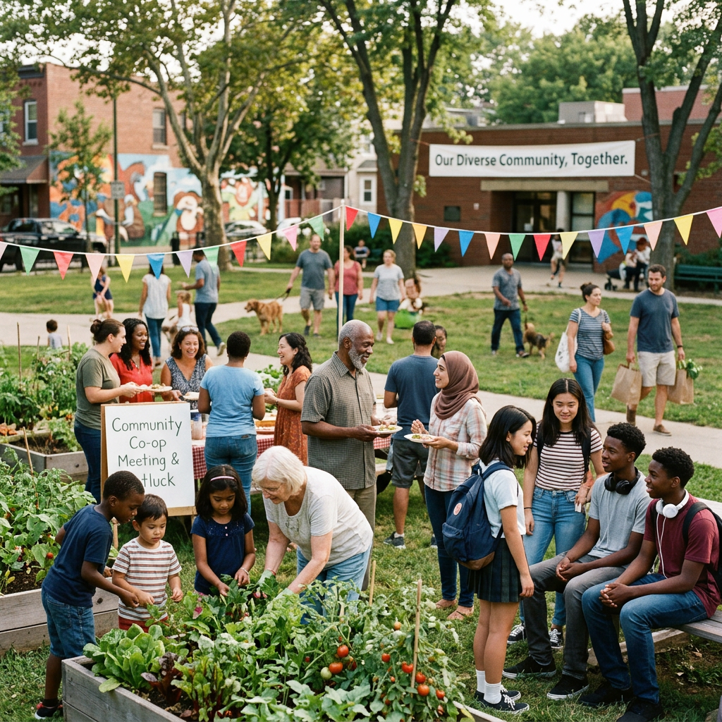 Diverse neighbors gathering around a community garden and potluck