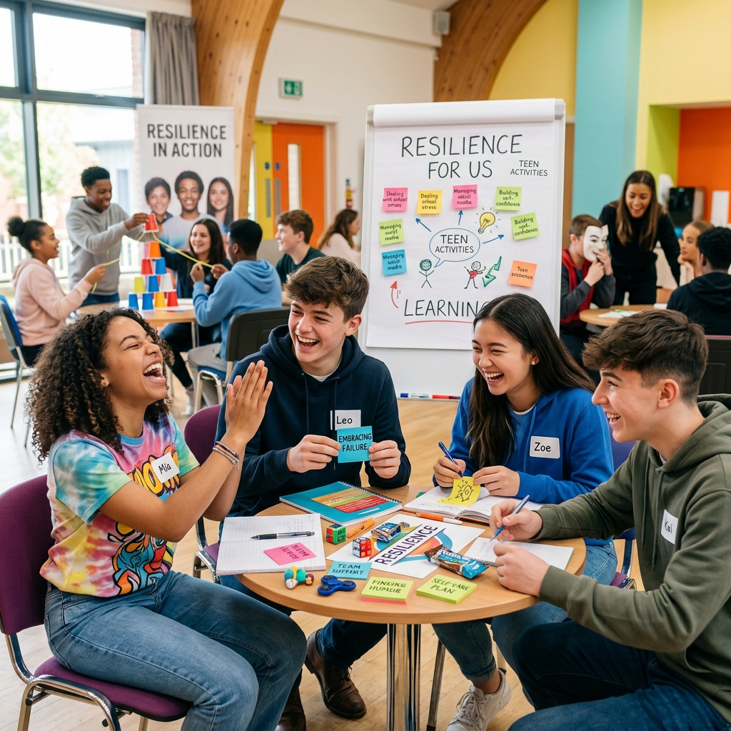 Teenagers learning resilience around a table beneath a “RESILIENCE FOR US” flipchart